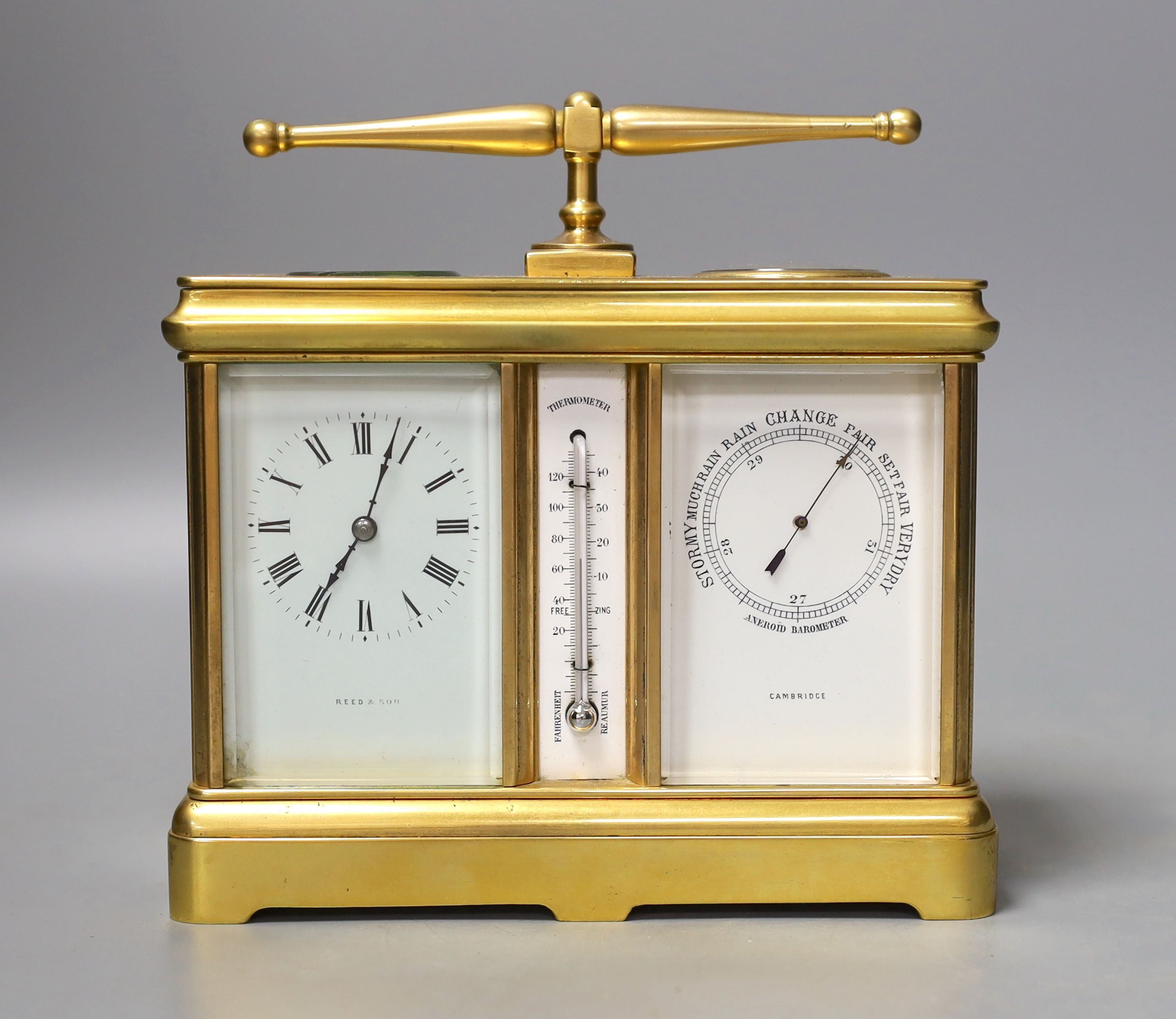 A French combination brass carriage timepiece, barometer, thermometer and compass, retailed by Reed & Son